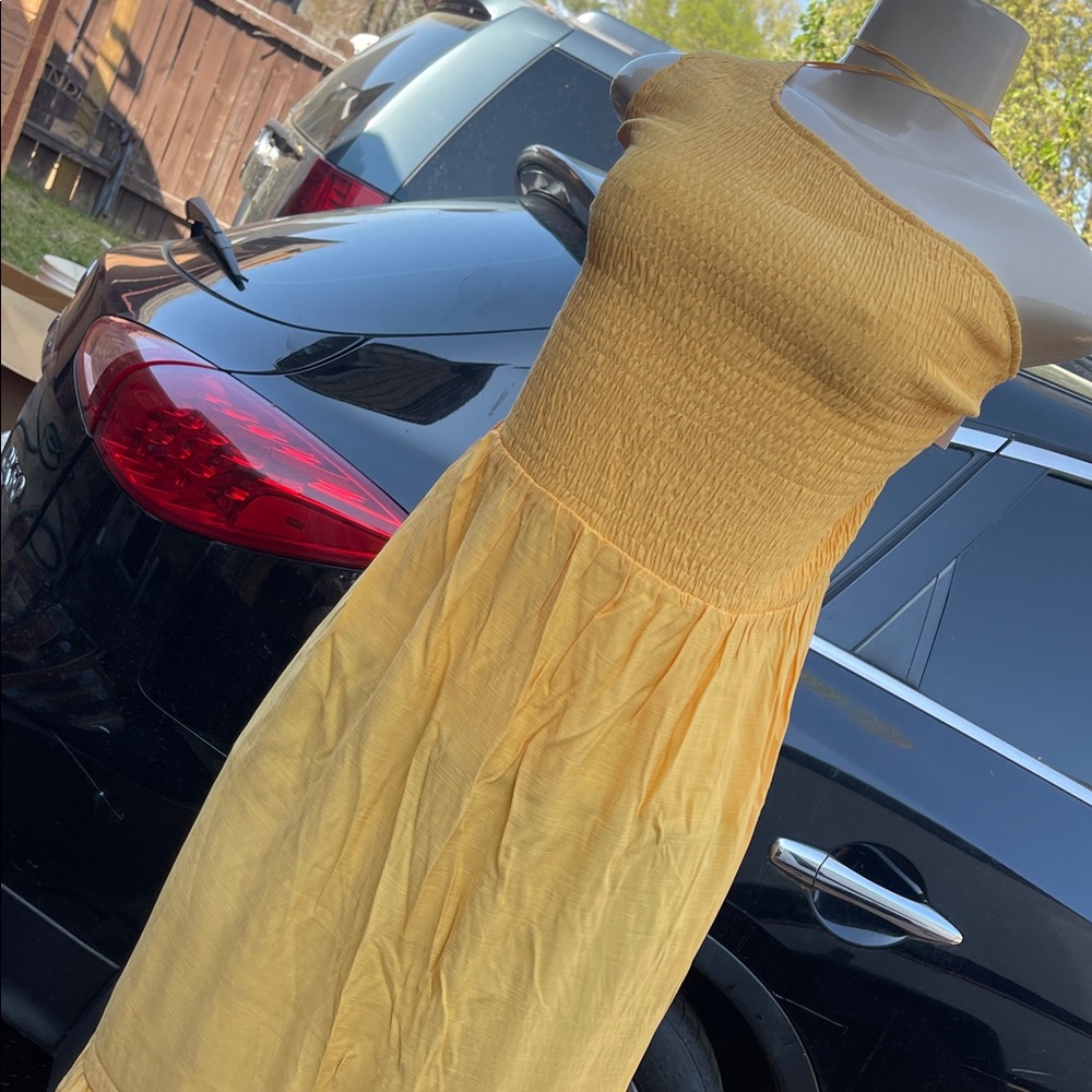 Nine West Yellow Strapless Smocked Maxi Dress